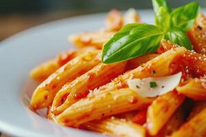 ai gegenereerd penne arrabbiata, een klassiek Italiaans pasta gerecht. generatief ai foto