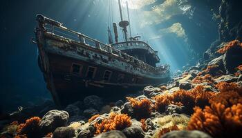 ai gegenereerd onderwater- avontuur schipbreuk exploratie onthult kleurrijk zee leven gegenereerd door ai foto