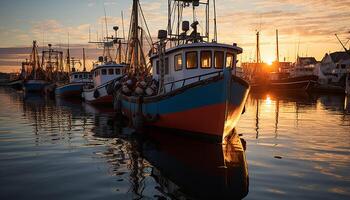 ai gegenereerd visvangst boot afgemeerd Bij reclame dok weerspiegelt rustig zonsondergang gegenereerd door ai foto