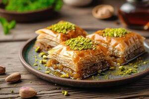 ai gegenereerd baklava met pistache noot Aan bord, gelaagde gebakje toetje gemaakt van filo gebakje, en gezoet met siroop of honing foto