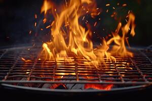 ai gegenereerd heet leeg portable barbecue bbq rooster met vlammend brand en sintel houtskool Aan zwart achtergrond. aan het wachten voor de plaatsing van uw voedsel. dichtbij omhoog foto