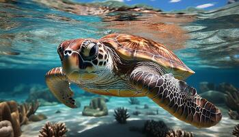 ai gegenereerd onderwater- schildpad zwemmen in blauw zee, omringd door kleurrijk koraal gegenereerd door ai foto