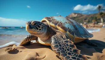 ai gegenereerd een langzaam zee schildpad kruipt Aan de zanderig strand gegenereerd door ai foto