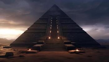 ai gegenereerd majestueus piramide silhouet verlicht oude architectuur, onthullend geestelijkheid en mysterie gegenereerd door ai foto