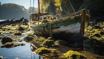 ai gegenereerd een oud visvangst boot zeilen vredig Aan de rustig kustlijn gegenereerd door ai foto