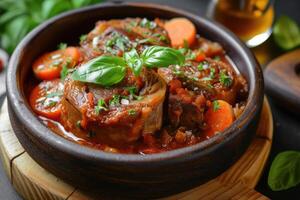 ai gegenereerd inschrijving en smaakvol, osso buco - een klassiek Italiaans gerecht. generatief ai foto