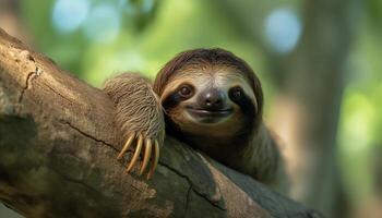 ai gegenereerd schattig lemur zittend Aan tak, op zoek Bij camera in Woud gegenereerd door ai foto