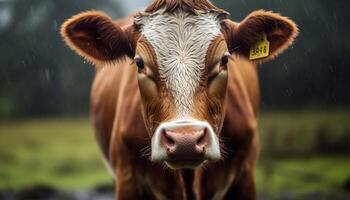 ai gegenereerd schattig koe begrazing in groen weide, een mooi landelijk tafereel gegenereerd door ai foto