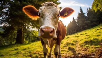 ai gegenereerd schattig koe begrazing Aan groen weide, genieten van natuur versheid gegenereerd door ai foto