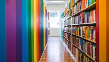 ai gegenereerd een modern bibliotheek met een groot verzameling van kleurrijk boeken gegenereerd door ai foto