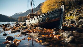 ai gegenereerd rustig herfst Woud, het zeilen schip weerspiegelt schoonheid van natuur gegenereerd door ai foto