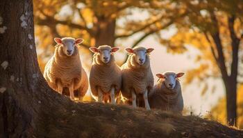 ai gegenereerd schattig jong lammeren begrazing in groen weide onder voorjaar zonlicht gegenereerd door ai foto