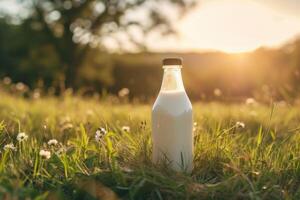 ai gegenereerd een fles van vers melk Aan een zonnig zomer boerderij weide, gras, natuur en planten. model, eco voedsel, zuivel producten concept ideeën. generatief ai foto