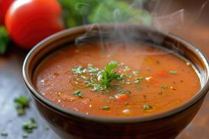 ai gegenereerd tomaat shorba een stomen kom van romig tomaat soep garnituur. generatief ai foto