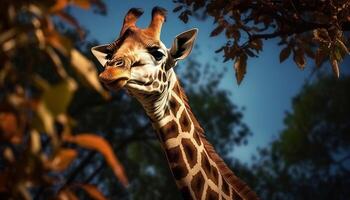 ai gegenereerd giraffe in Afrika, natuur schoonheid, gevlekte in de wildernis gegenereerd door ai foto