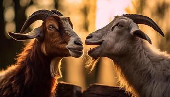 ai gegenereerd schattig geit begrazing Aan groen weide, op zoek Bij camera gegenereerd door ai foto