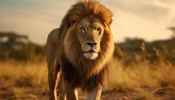 ai gegenereerd majestueus leeuw wandelen in de Afrikaanse savanne Bij zonsondergang gegenereerd door ai foto