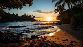 ai gegenereerd rustig zonsondergang over- tropisch kustlijn, natuur schoonheid weerspiegeld in water gegenereerd door ai foto