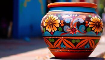 ai gegenereerd een kleurrijk terracotta vaas, een souvenir van inheems culturen gegenereerd door ai foto