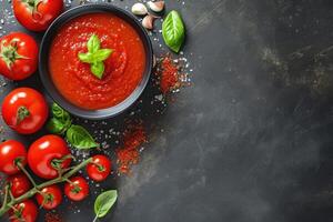 ai gegenereerd eigengemaakt tomaat saus passata - traditioneel recept van Italiaans keuken - top visie met kopiëren ruimte. generatief ai foto