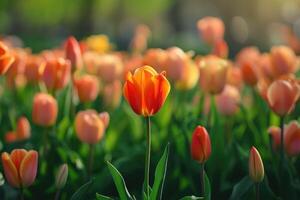 ai gegenereerd oranje tulp, staand in de centrum van een groot groep van tulpen in voorkant van een groen veld, in de stijl van romantisch zacht focus en etherisch licht. selectief focus. generatief ai foto