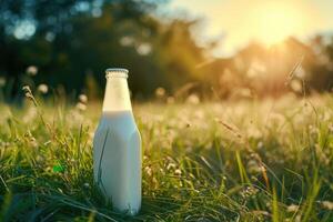 ai gegenereerd een fles van vers melk Aan een zonnig zomer boerderij weide, gras, natuur en planten. model, eco voedsel, zuivel producten concept ideeën. generatief ai foto