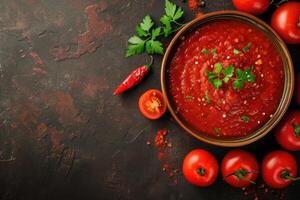 ai gegenereerd eigengemaakt tomaat saus passata - traditioneel recept van Italiaans keuken - top visie met kopiëren ruimte. generatief ai foto