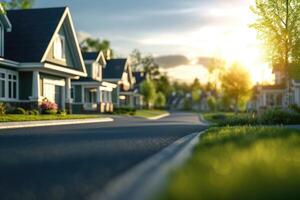 ai gegenereerd straat van buitenwijk huizen, selectief focus. generatief ai foto