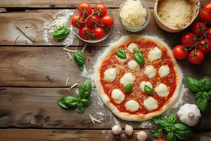 ai gegenereerd rauw deeg voor pizza voorbereiding met ingrediënten. tomaat saus, Mozzarella, basilicum, olijf- olie, kaas, specerijen geserveerd Aan rustiek houten tafel foto