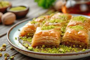 ai gegenereerd baklava met pistache noot Aan bord, gelaagde gebakje toetje gemaakt van filo gebakje, en gezoet met siroop of honing foto