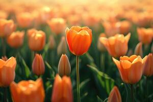 ai gegenereerd oranje tulp, staand in de centrum van een groot groep van tulpen in voorkant van een groen veld, in de stijl van romantisch zacht focus en etherisch licht. selectief focus. generatief ai foto