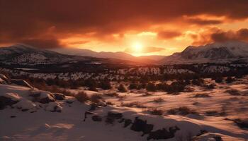 ai gegenereerd majestueus berg top in winter, sneeuw gedekt landschap Bij zonsondergang gegenereerd door ai foto