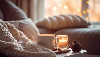 ai gegenereerd knus slaapkamer met warm verlichting, hout decor, en heet drinken gegenereerd door ai foto