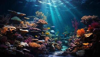 onderwater- rif, vis zwemmen in natuur schoonheid gegenereerd door ai foto
