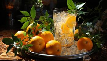 ai gegenereerd vers citrus fruit Aan houten tafel, verfrissend zomer drinken gegenereerd door ai foto