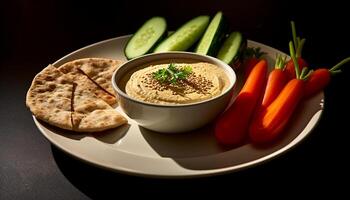 ai gegenereerd gezond vegetarisch maaltijd hummus, pita, vers groenten, yoghurt dip gegenereerd door ai foto