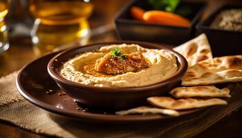 ai gegenereerd versheid en kruid in een eigengemaakt hummus voorafje Aan hout gegenereerd door ai foto