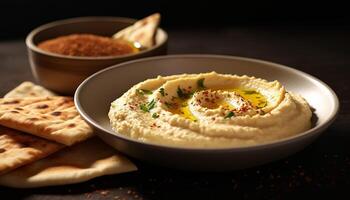 ai gegenereerd versheid en gezond aan het eten in een eigengemaakt vegetarisch hummus kom gegenereerd door ai foto