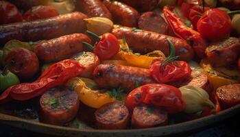 ai gegenereerd gegrild vlees Aan barbecue, een heerlijk zomer tussendoortje gegenereerd door ai foto