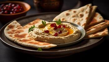 ai gegenereerd versheid en gezond aan het eten Aan een bord van eigengemaakt pita brood gegenereerd door ai foto