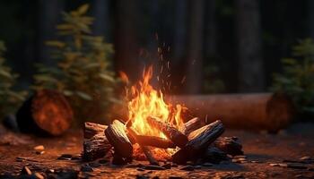 ai gegenereerd brandend hout creëert warmte, gloeiend sintel verwarmt natuur schoonheid gegenereerd door ai foto