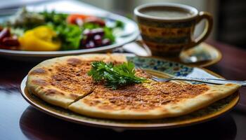 ai gegenereerd versheid Aan bord eigengemaakt fijnproever maaltijd, gezond aan het eten, dichtbij omhoog gegenereerd door ai foto