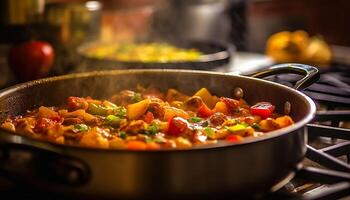 ai gegenereerd vers groenten Koken Aan fornuis, gezond eigengemaakt vegetarisch maaltijd gegenereerd door ai foto