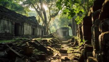 ai gegenereerd oude ruïnes in angkor, een mysterieus oud Woud graf gegenereerd door ai foto