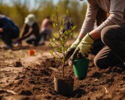 ai gegenereerd vrijwilligers aanplant boom samen foto