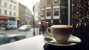 ai gegenereerd koffie kop Aan tafel in koffie winkel, stad leven dichtbij omhoog gegenereerd door ai foto