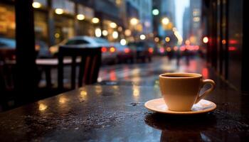 ai gegenereerd koffie winkel Bij nacht, stadsgezicht in achtergrond, heet drinken Aan tafel gegenereerd door ai foto