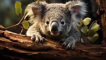 ai gegenereerd schattig koala zittend Aan tak, op zoek Bij camera in natuur gegenereerd door ai foto