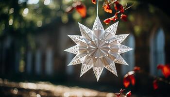 ai gegenereerd gloeiend sneeuwvlok ornament wordt helderder winter viering binnenshuis gegenereerd door ai foto