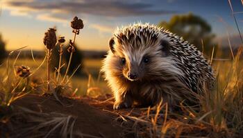 ai gegenereerd schattig egel op zoek alarm in de gras Bij schemer gegenereerd door ai foto